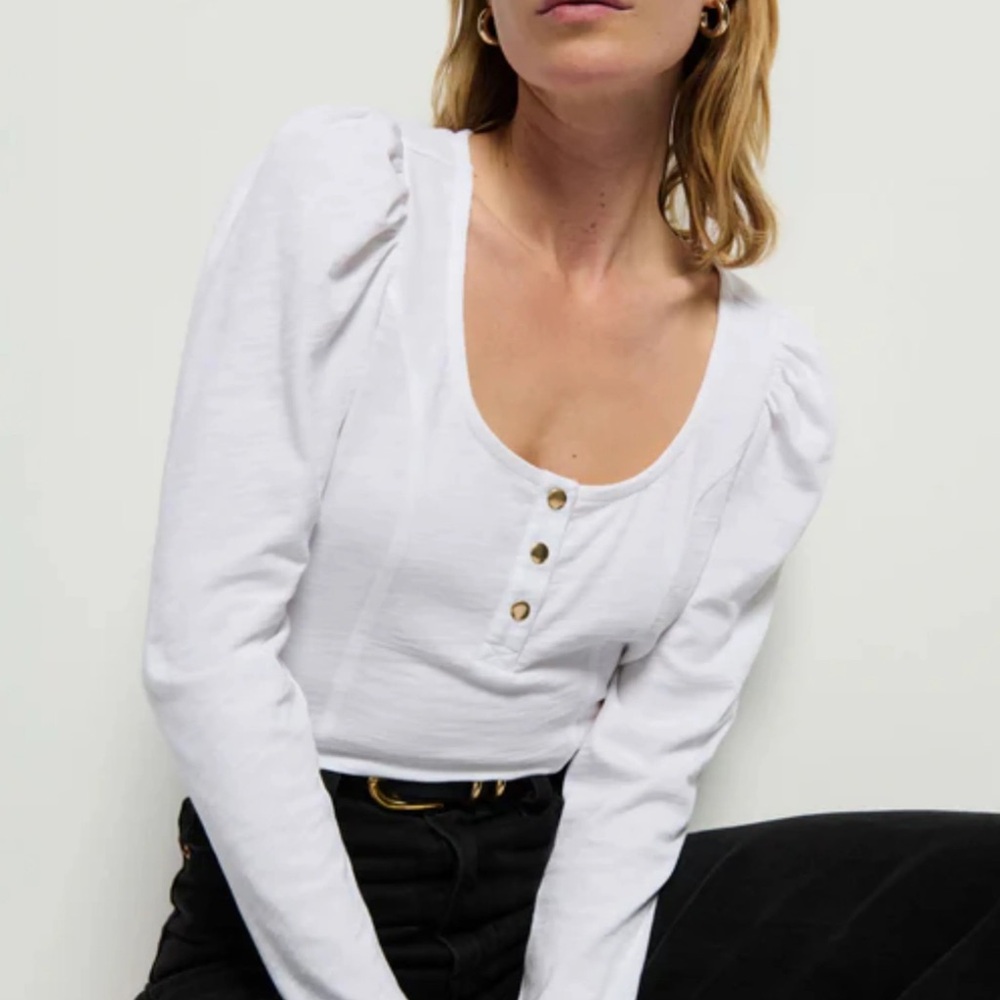 Nation Sannia Henley - White Puff-Sleeve Henley with Gold Buttons